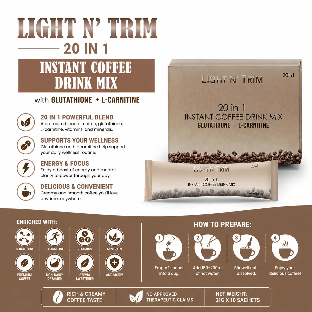 20 in 1 Light n Trim Coffee Mix with Collagen, Glutathione, L-Carnitine